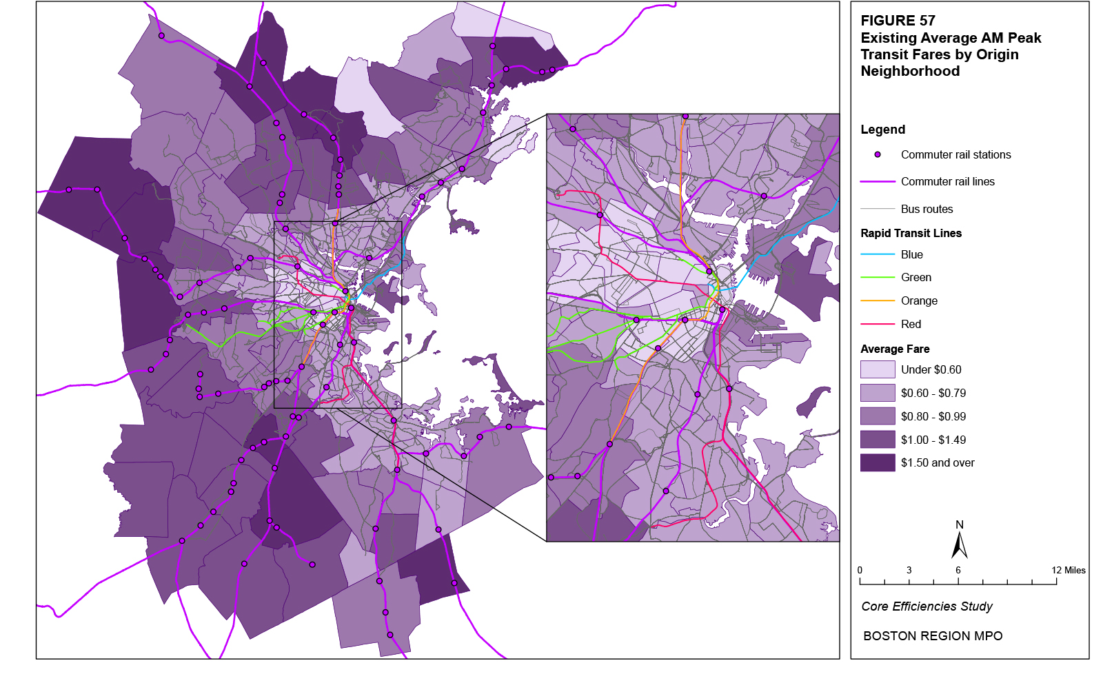 This map shows the existing average AM peak transit fares for origin trips by neighborhood.